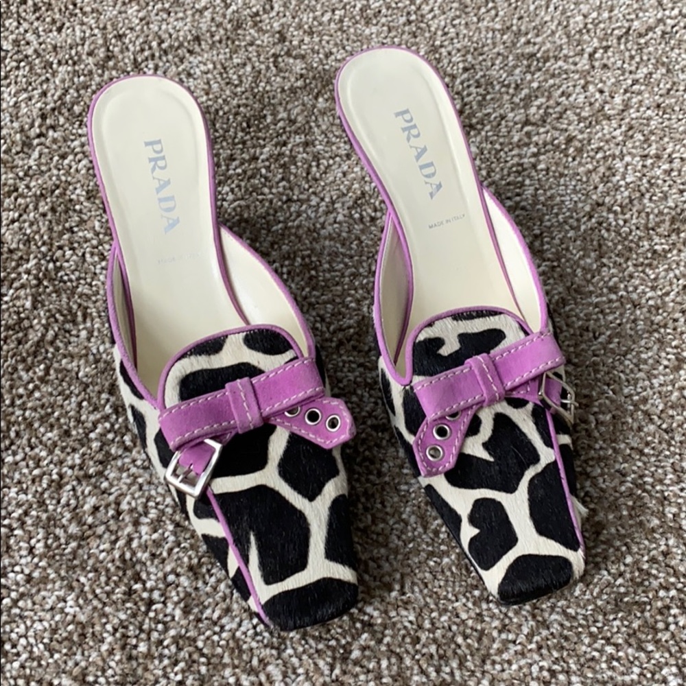 Prada cow print pony hair kitten heeled mules